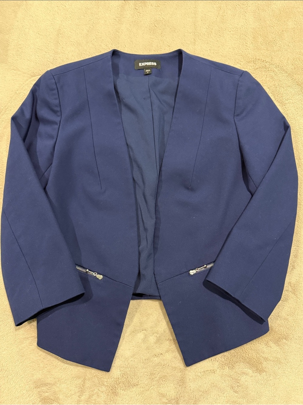 Express Navy Open-Front Blazer with Zip-Pocket Accents